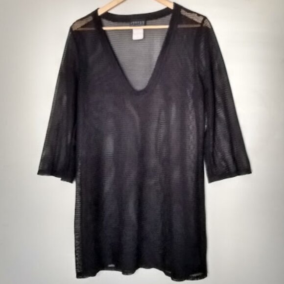 Black Sheer Mesh Swimsuit Cover 3/4 Sleeves Size L - Picture 3 of 7